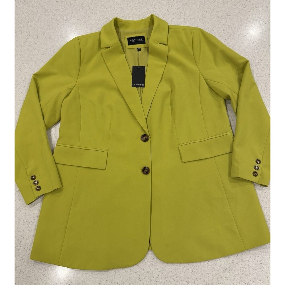ELOQUII Womens Long Line Chartreuse Green Long Sleeve Blazer Button Front Sz 16